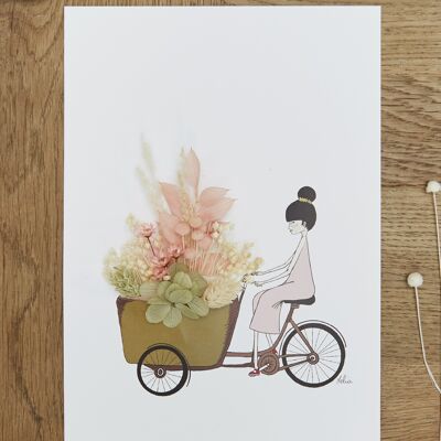 Flower poster "A bicyclette", A5 poster illustrated with dried flowers