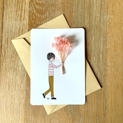 Floral card "Here, boy", pink dried flowers