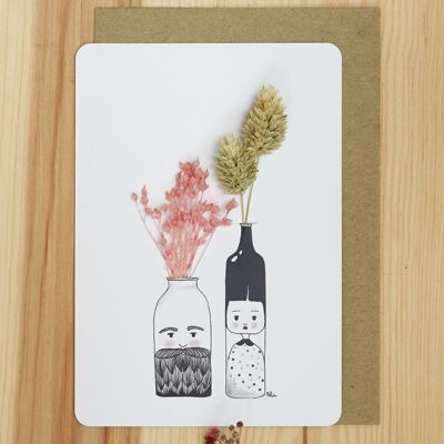 Floral card "Monsieur, Madame", illustrated card with dried flowers