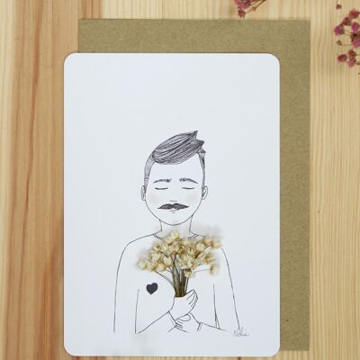 Floral card "L" in love ", illustrated card with dried flowers