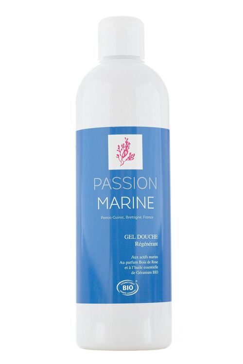 Gel douche Régénérant aux actifs marins, à l'huile essentielle de géranium & au parfum bois de rose - 500mL