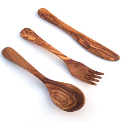 Set of 3 cutlery 3 parts table cutlery fork spoon knife made of olive wood