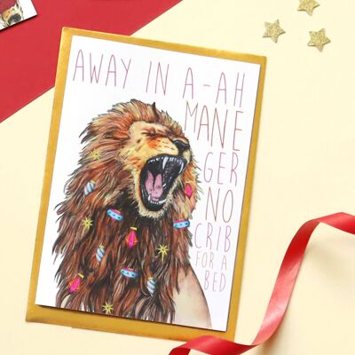 Tarjeta de Navidad del león de los gatos de los villancicos | Tarjeta de Navidad divertida