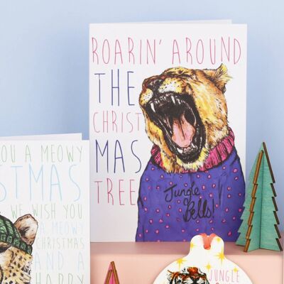 Caroling Cats Löwin Weihnachtskarte | Lustige Weihnachtskarte