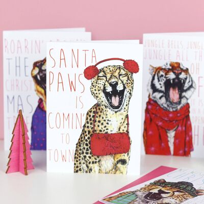 Cartolina di Natale Caroling Cats Santa Paws Cheetah | Cartolina di Natale divertente