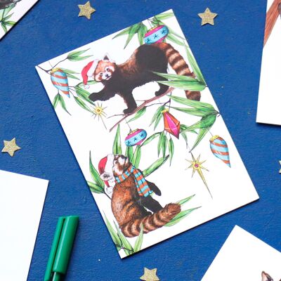 Tarjeta de Navidad de pandas rojos | Fiesta festiva | Linda tarjeta de Navidad