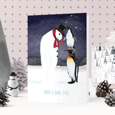 Biglietto di Natale "Have a Cool Yule" dei pinguini | Carino | Carta del pupazzo di neve