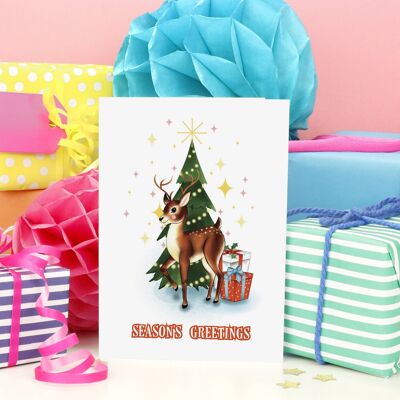 Weihnachtsgrüße im Retro-Stil, Rentier-Weihnachtskarte | Kitsch
