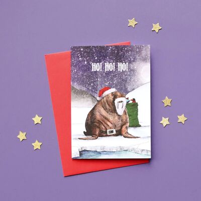 Cartolina di Natale divertente con Babbo Natale tricheco | Il paese delle meraviglie invernale