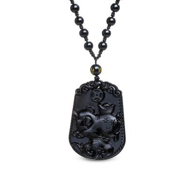 "Generosity of the Pig" Necklace in Black Obsidian