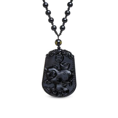 Collier "Générosité du Cochon" en Obsidienne Noire