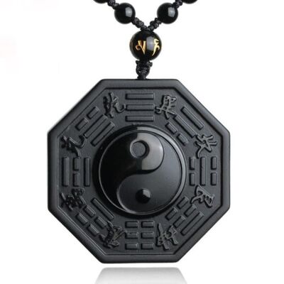 Halskette und Anhänger geschnitzt "Yin & Yang" in schwarzem Obsidian