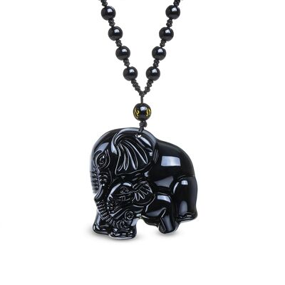 Halskette "Elefant und Schutz" aus schwarzem Obsidian
