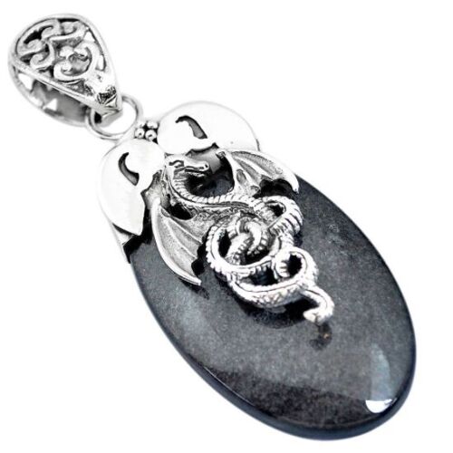 Collier et pendentif dragon "Amulette de Courage" en Obsidienne Noire et Argent 925