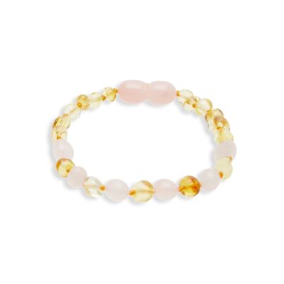 “Heart Glow” Baby Bracelet in Rose Quartz and Amber