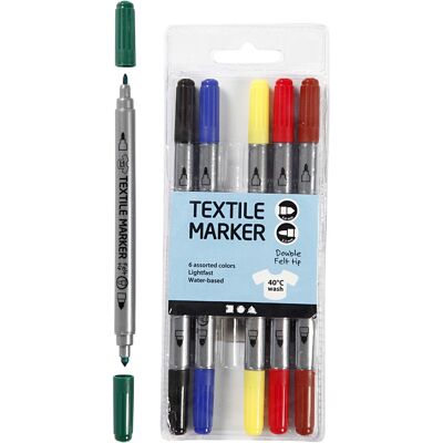 Feutres textiles double pointe - Couleurs vives - 6 pcs