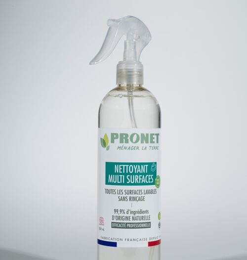 PRONET NATURE - Nettoyant Multi-Surfaces - Nettoie sans rinçage toutes les surfaces lavables - 99,9% ingrédients naturels - ECOCERT - Aux huiles essentielles - Senteur plantes fraiches - Spray 500ml