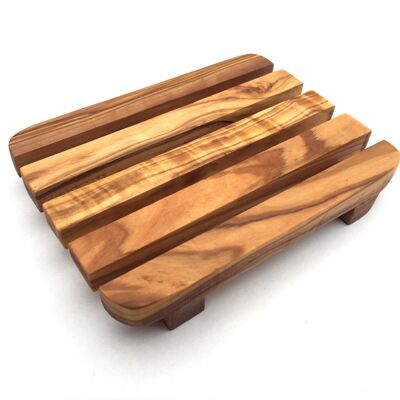 Soap dish with rounded slats made of olive wood