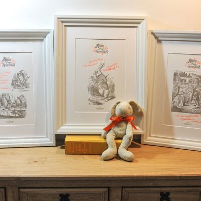 Pack Test: the 6 Letterpress Alice in Wonderland posters, A4, vintage, literature, children's room, neon orange