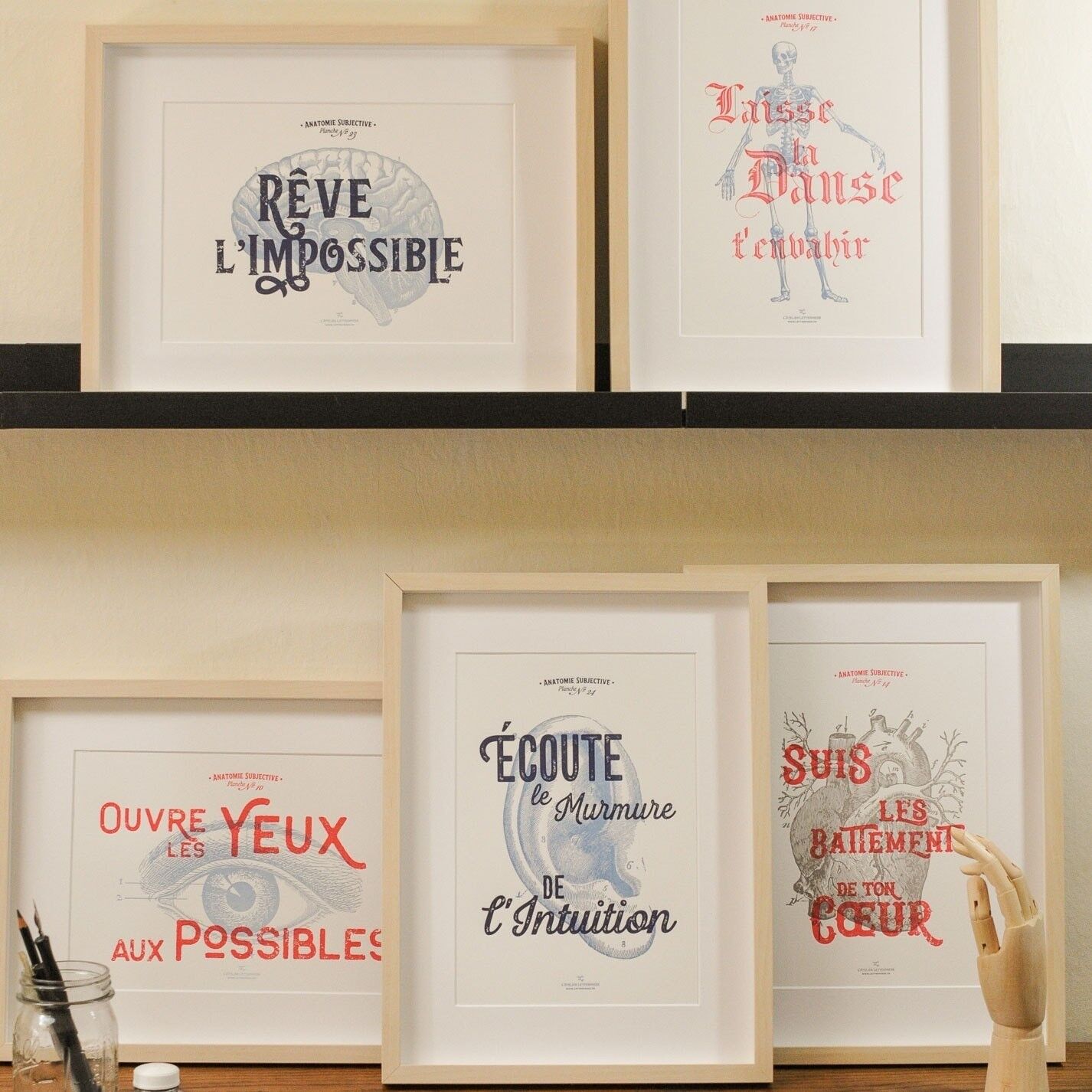 Pack Test: les 10 affiches Letterpress Anatomie Subjective, A4, holistique, vintage, bleu, rouge
