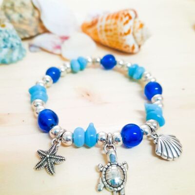 Bracelet élastique bleu avec éléments marins