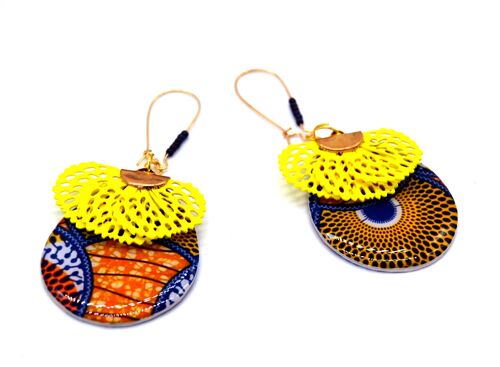 Boucles d'oreilles pendantes wax orange jaune Afrique ethnique pompon éventail