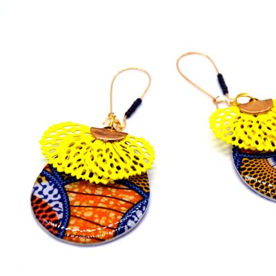 Boucles d'oreilles pendantes wax orange jaune Afrique ethnique pompon éventail