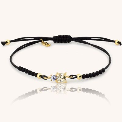 Pulsera de hilo negro LAVANDA GLD. Plata de ley, zirconita, baño oro.