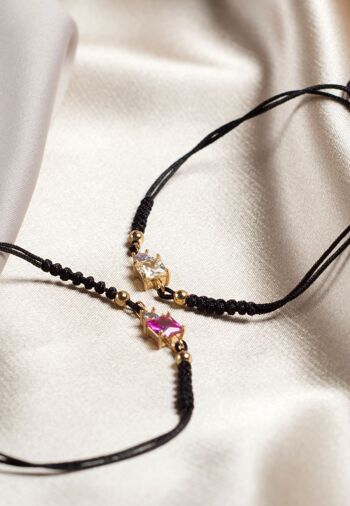 MALAYA GLD. Bracelet macramé, argent massif, pierre rose, plaqué or. 1