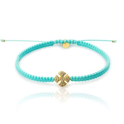 SUMMER CROSS GLD. Macramé bracelet, sterling silver, gold plated, blue thread, zircons.