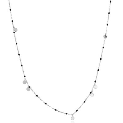 NUIT SLV. Collar de plata de ley, piedras negras, medallitas.