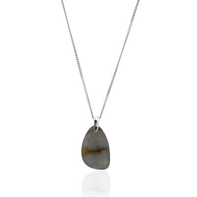 Collar THE SAND SLV plata de ley. Piedra labradorita gris grande.