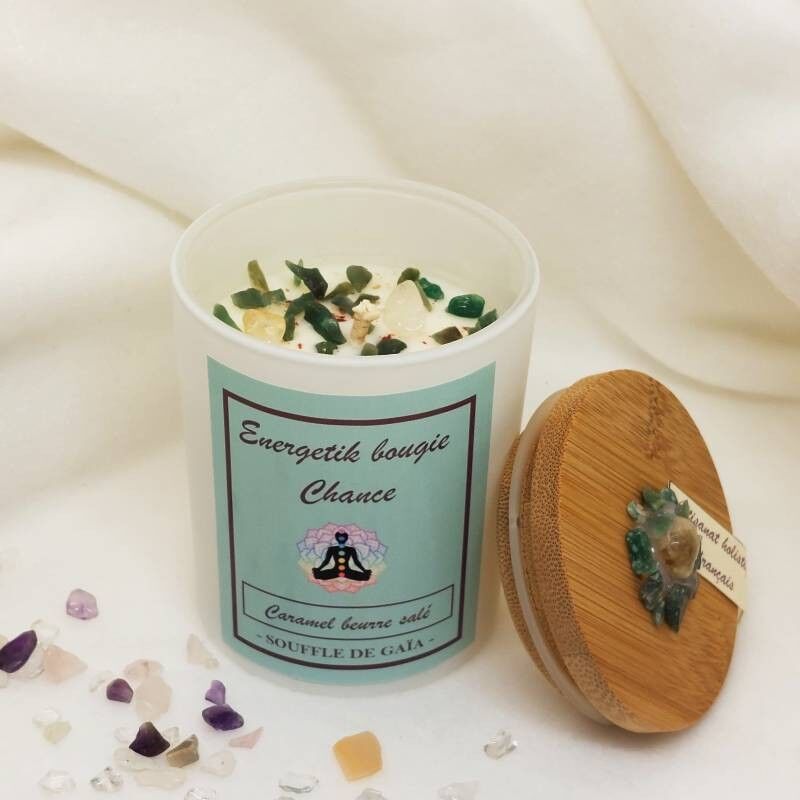 Glückskerze - Karamell mit gesalzener Butter - Duftkerze Juwel - Lithotherapie-Kerze - Pflegekerze