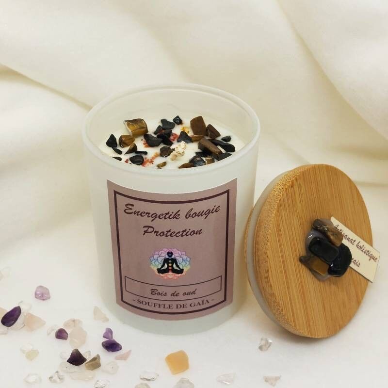 Schutzkerze - Oud-Holz - Duftkerze - Edelsteinkerze - Lithotherapie-Kerze - Pflegekerze