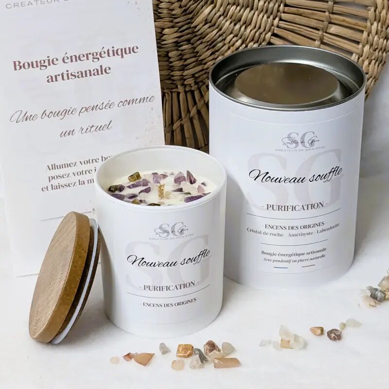 Bougie Lithothérapie Nouveau souffle – Bougie bijou encens des origines, pierres naturelles & pendentif surprise
