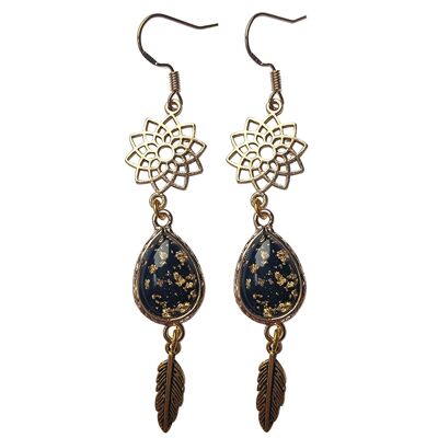 Boucles d'Oreilles Mandala et Plume Or - Eclat noir