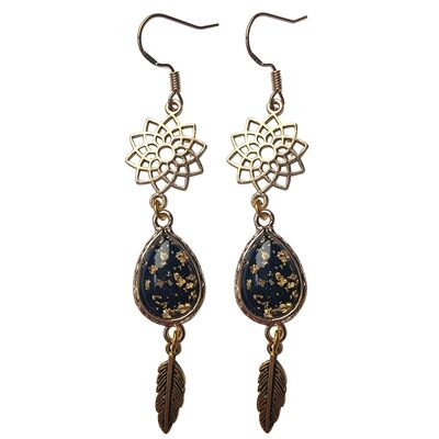 Gold Mandala and Feather Earrings - Black sparkle