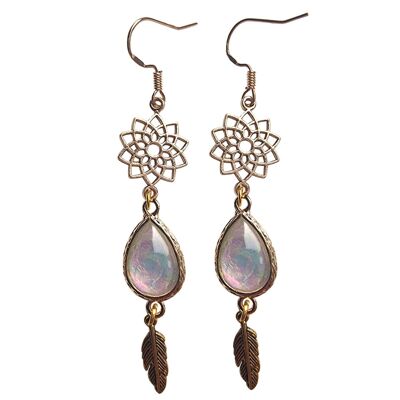 Gold Mandala and Feather Earrings - White Opal