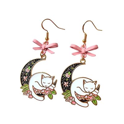 Aretes De Esmalte Gatito Y Luna