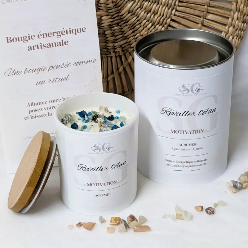 Bougie Lithothérapie Réveiller l'élan – Bougie bijou agrumes, pierres naturelles & pendentif surprise