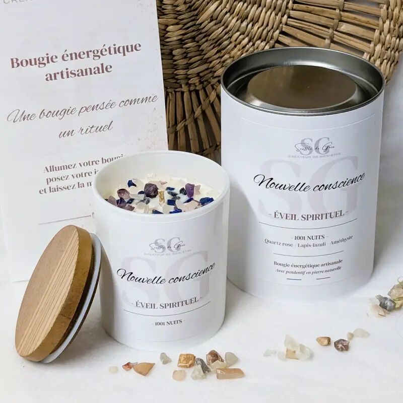 Bougie Lithothérapie Nouvelle conscience – Bougie bijou 1001 nuits, pierres naturelles & pendentif surprise
