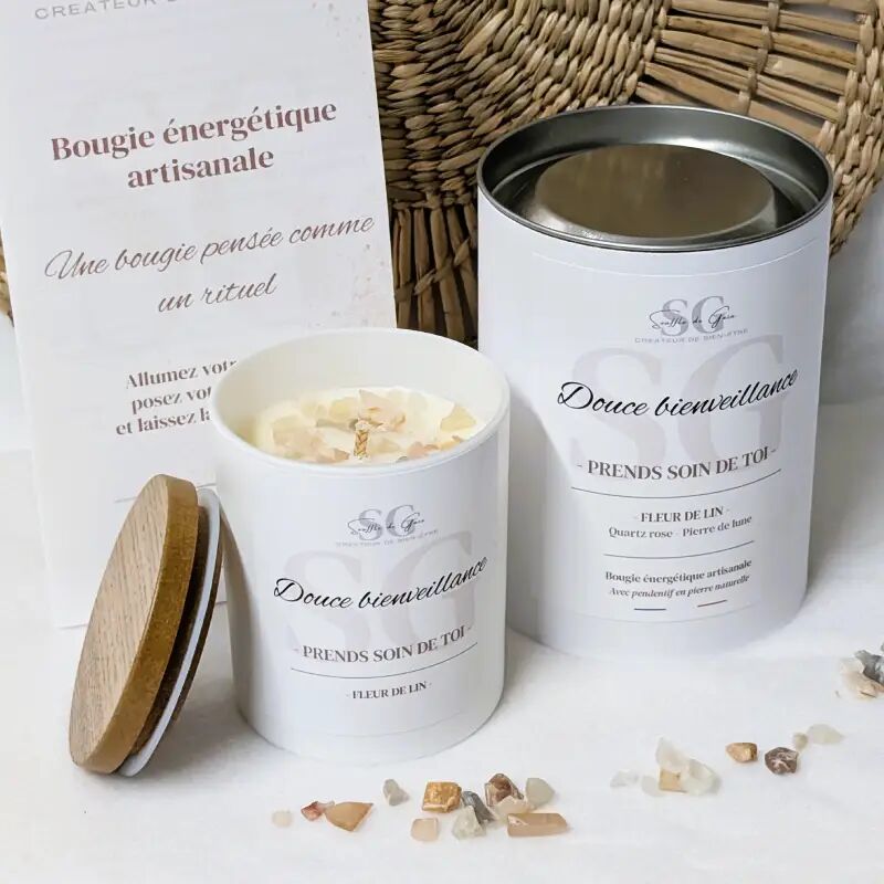 Bougie Lithothérapie Douce bienveillance – Bougie bijou fleur de lin, pierres naturelles & pendentif surprise