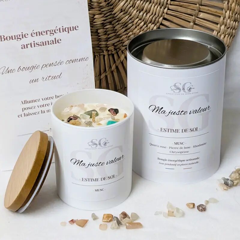 Bougie Lithothérapie Ma juste valeur – Bougie bijou musc, pierres naturelles & pendentif surprise