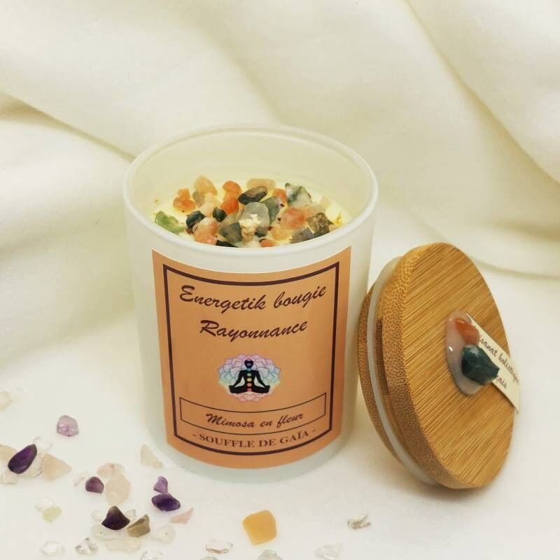 Rayonnance-Kerze - Mimose in voller Blüte - Duftkerze Juwel - Lithotherapie-Kerze - Pflegekerze