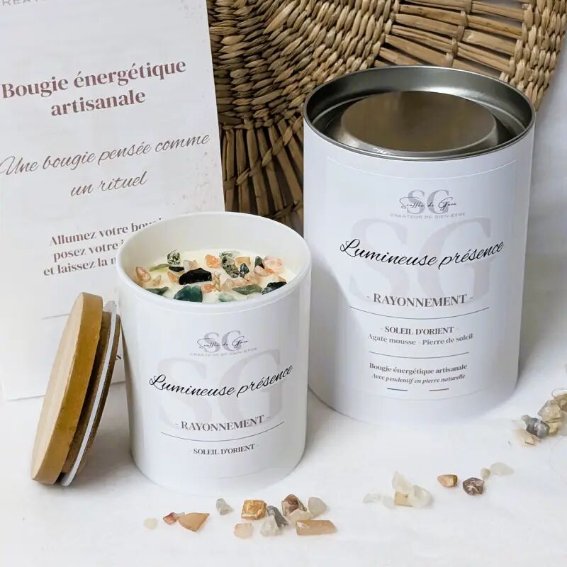 Bougie Lithothérapie Lumineuse présence – Bougie bijou soleil d'orient, pierres naturelles & pendentif surprise