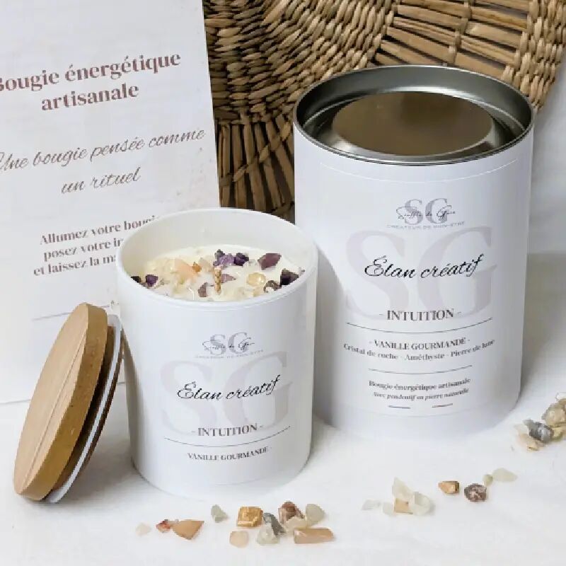 Bougie Lithothérapie Élan créatif – Bougie bijou vanille gourmande, pierres naturelles & pendentif surprise