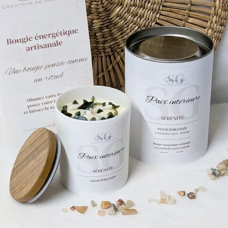 Bougie Lithothérapie Paix intérieure – Bougie bijou fleur d'oranger, pierres naturelles & pendentif surprise