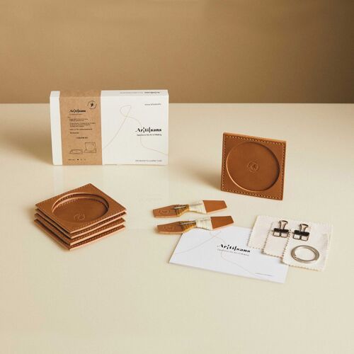 Leather Coaster Set, DIY Craft Kit, Made in London, Experience in a Box - Tan