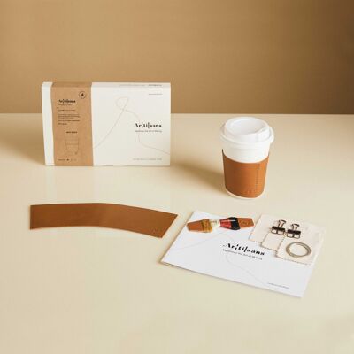 Premium Leather Cup Sleeve, DIY Craft Kit, Experience in a box - Tan