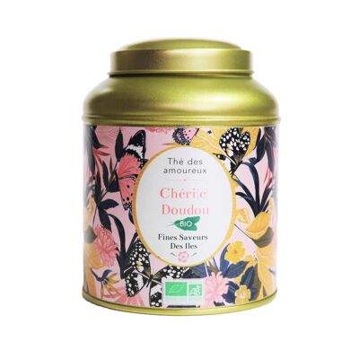 FEINE AROMEN DER INSELN – Exotischer Bio-Tee für Liebhaber Chéri(e) Doudou – Grün- und Schwarztee-Mischung aus Mango, Papaya und Rose – 100 g Metalldose